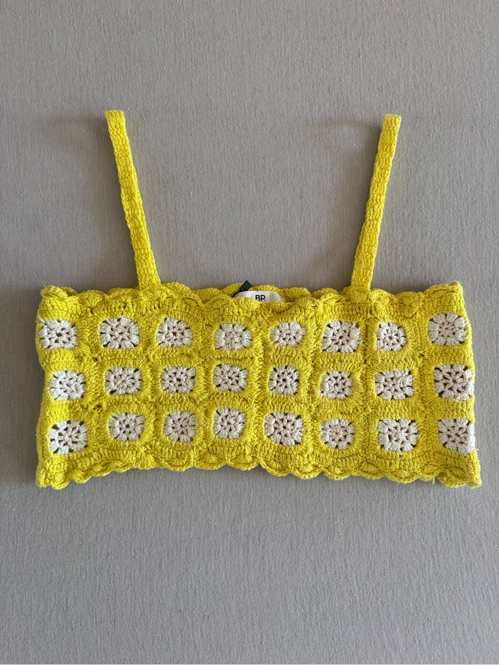 Vintage BP. Crochet Granny Square Crip Top Yellow Cream 100% Cotton Size S